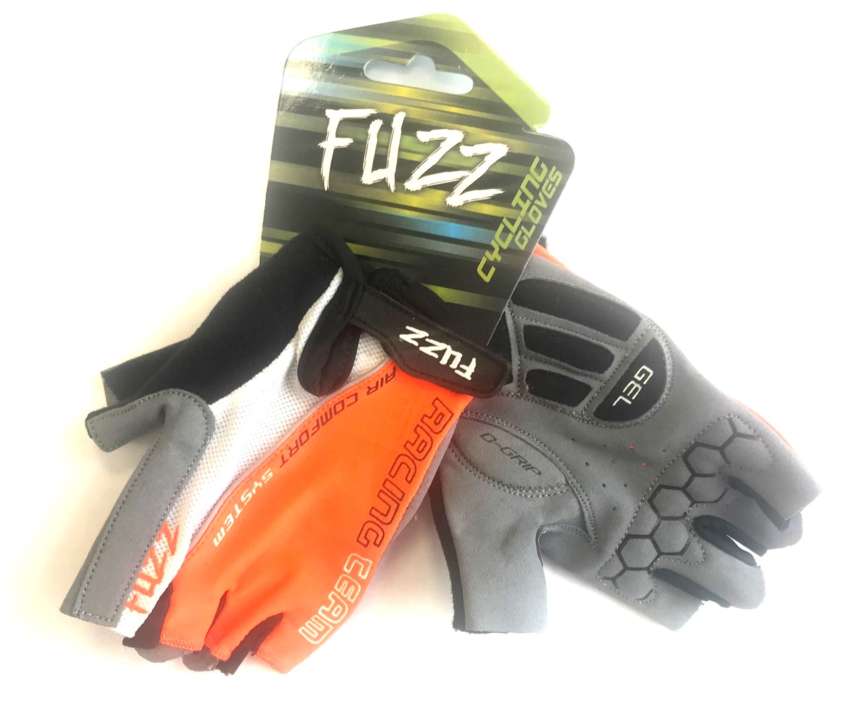 Велоперчатки FUZZ лайкра AIR COMFORT черно-бело-оранжевые, р-р XL, D-GRIP GEL