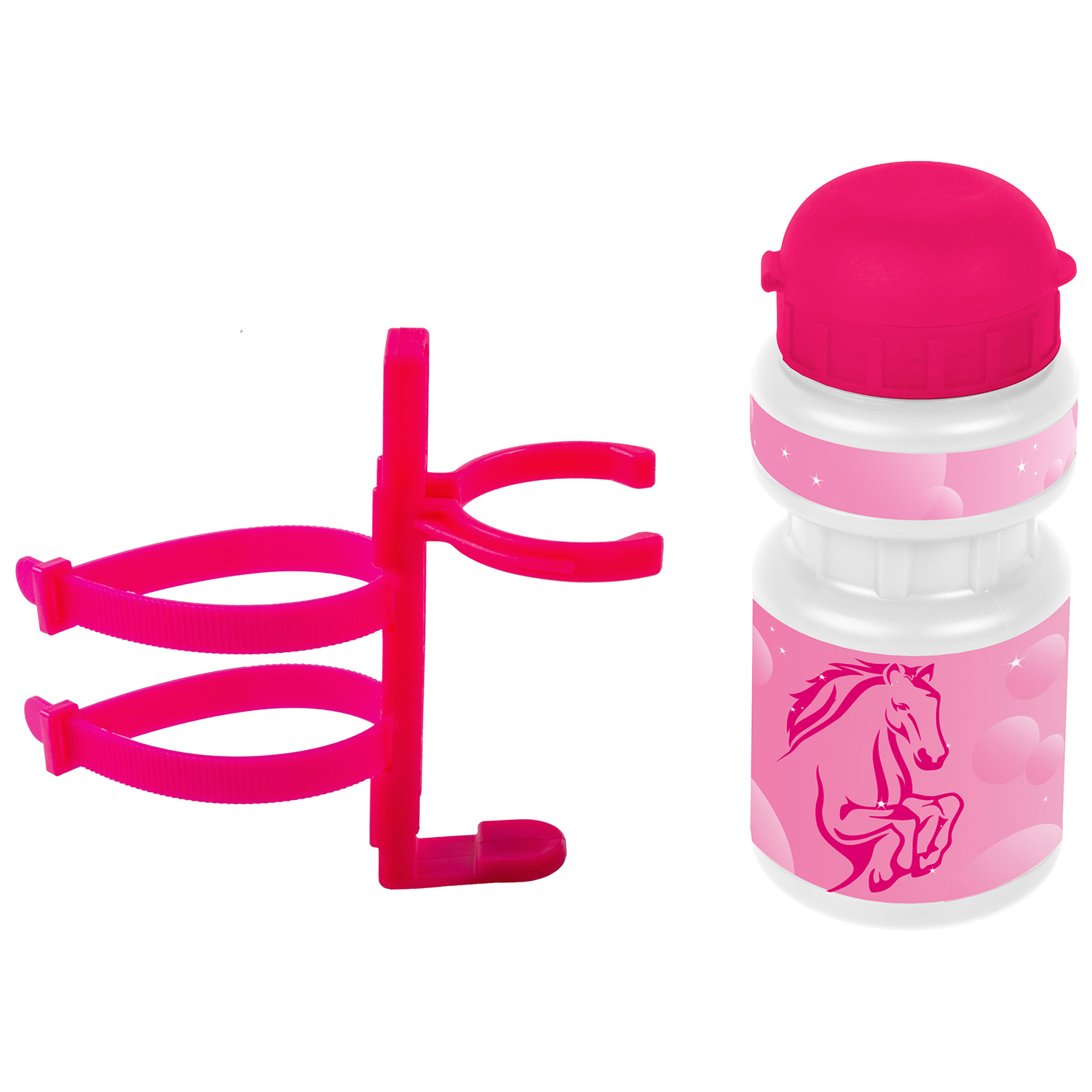Фляжка VENTURA KIDS детская пластик. 0,3л розовая "лошадка"+держ. пластик с универс. крепл.